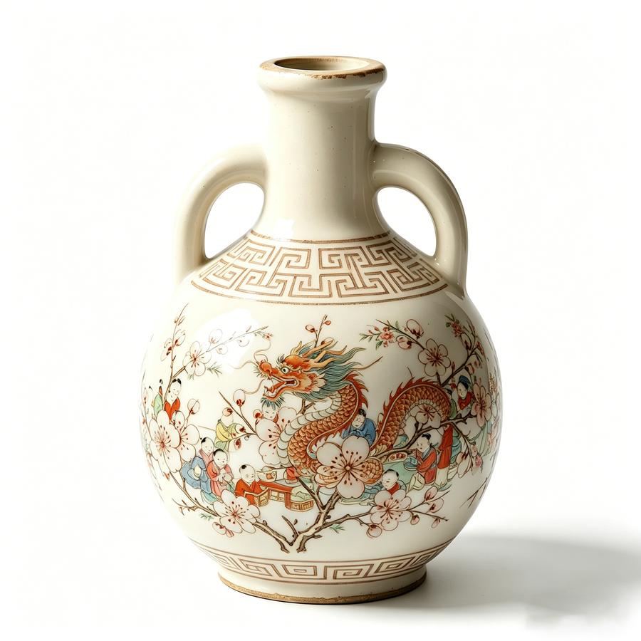 Antique Ivory Dragon and Figural Amphora Vase