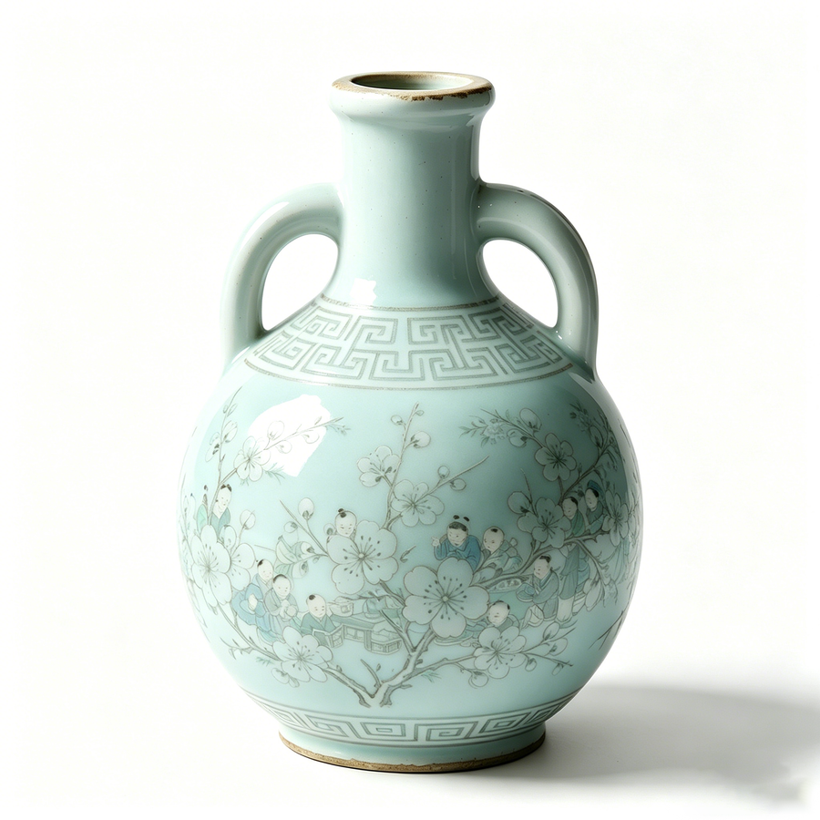 Pale Blue Figural Blossom Amphora Vase
