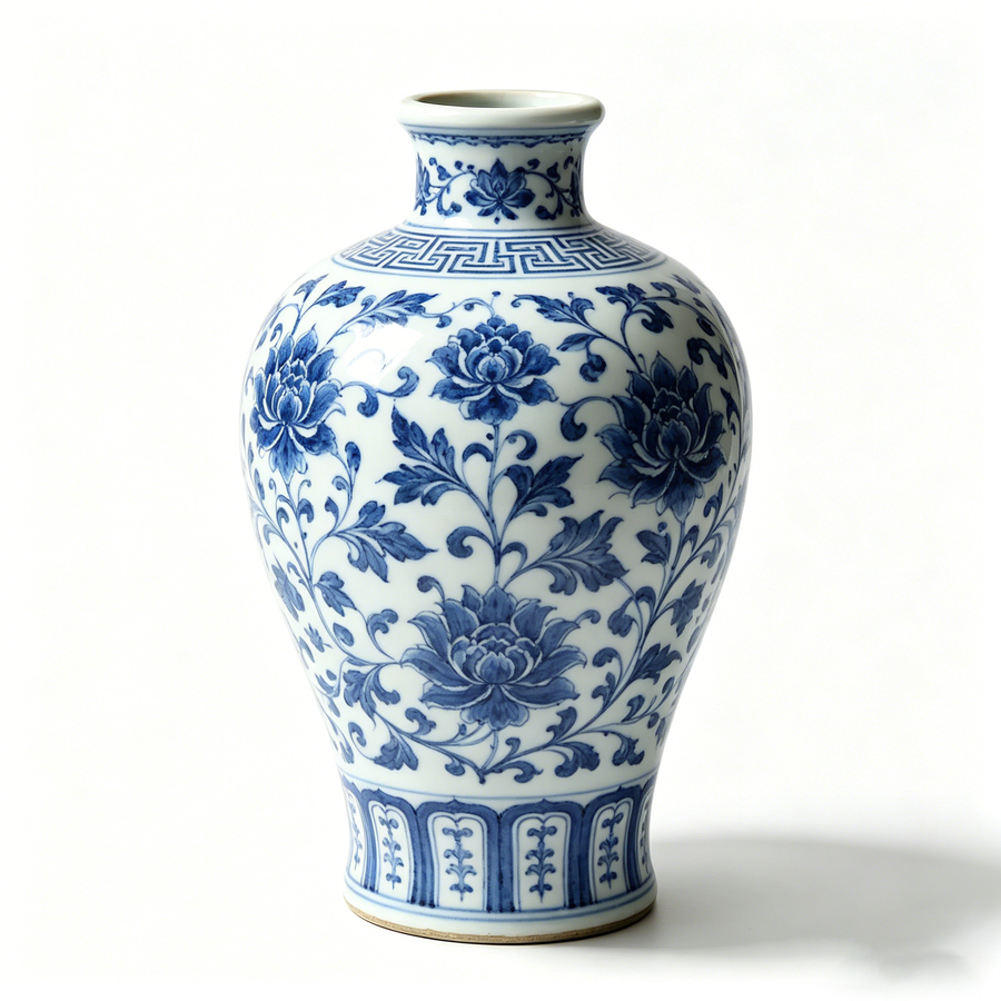 Blue and White Lotus Scroll Ceramic Vase