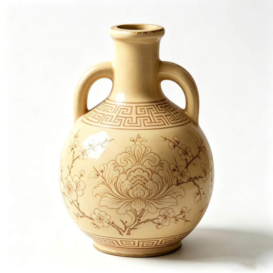 Cream Sepia Botanical Ceramic Amphora Vase