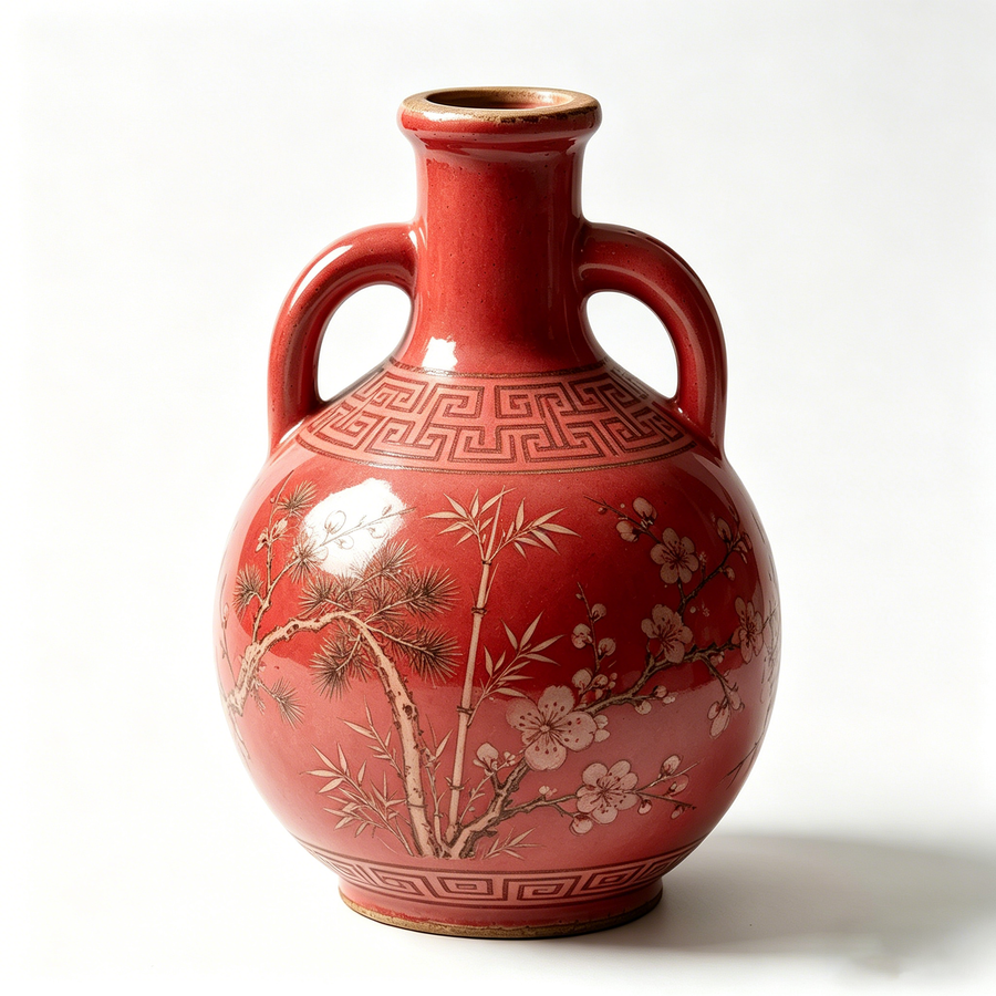 Crimson Red Pine and Bamboo Ceramic Amphora Vase