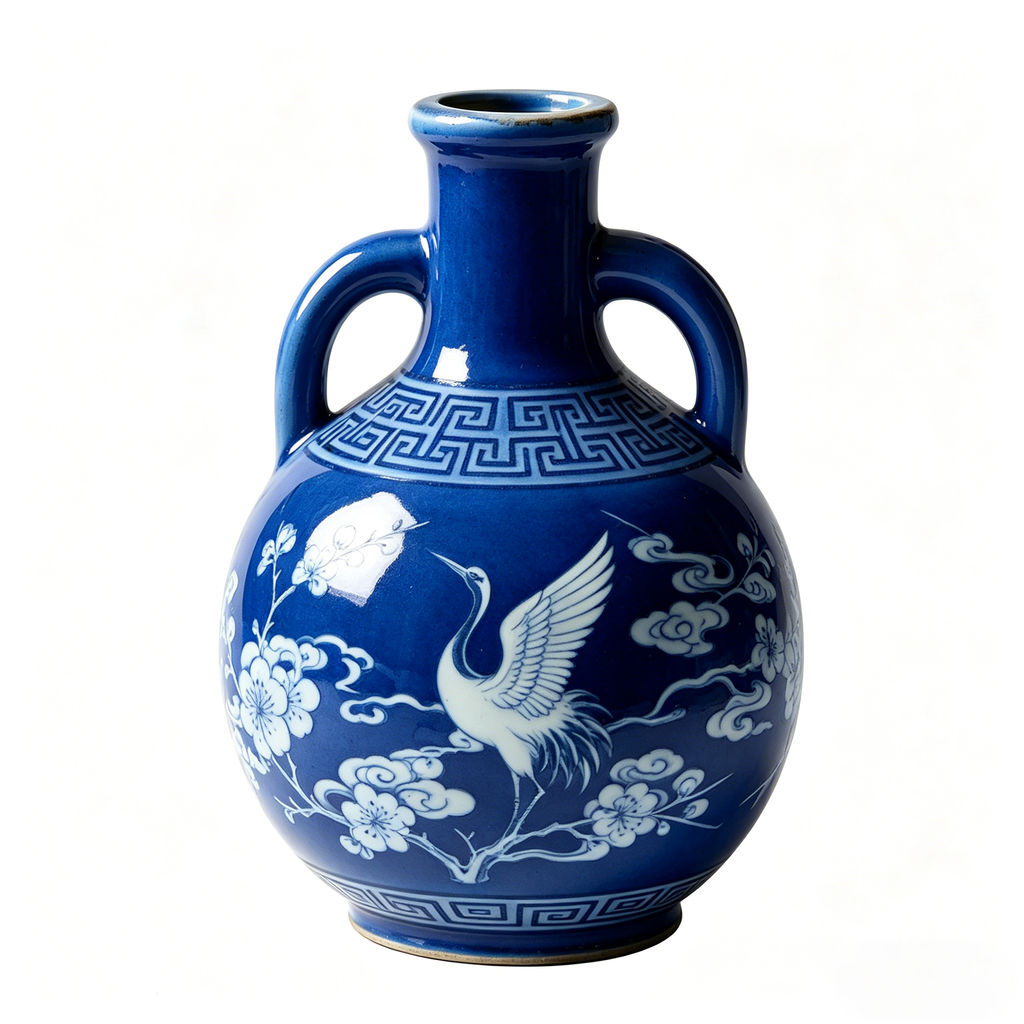 Cobalt Blue Crane and Blossom Amphora Vase