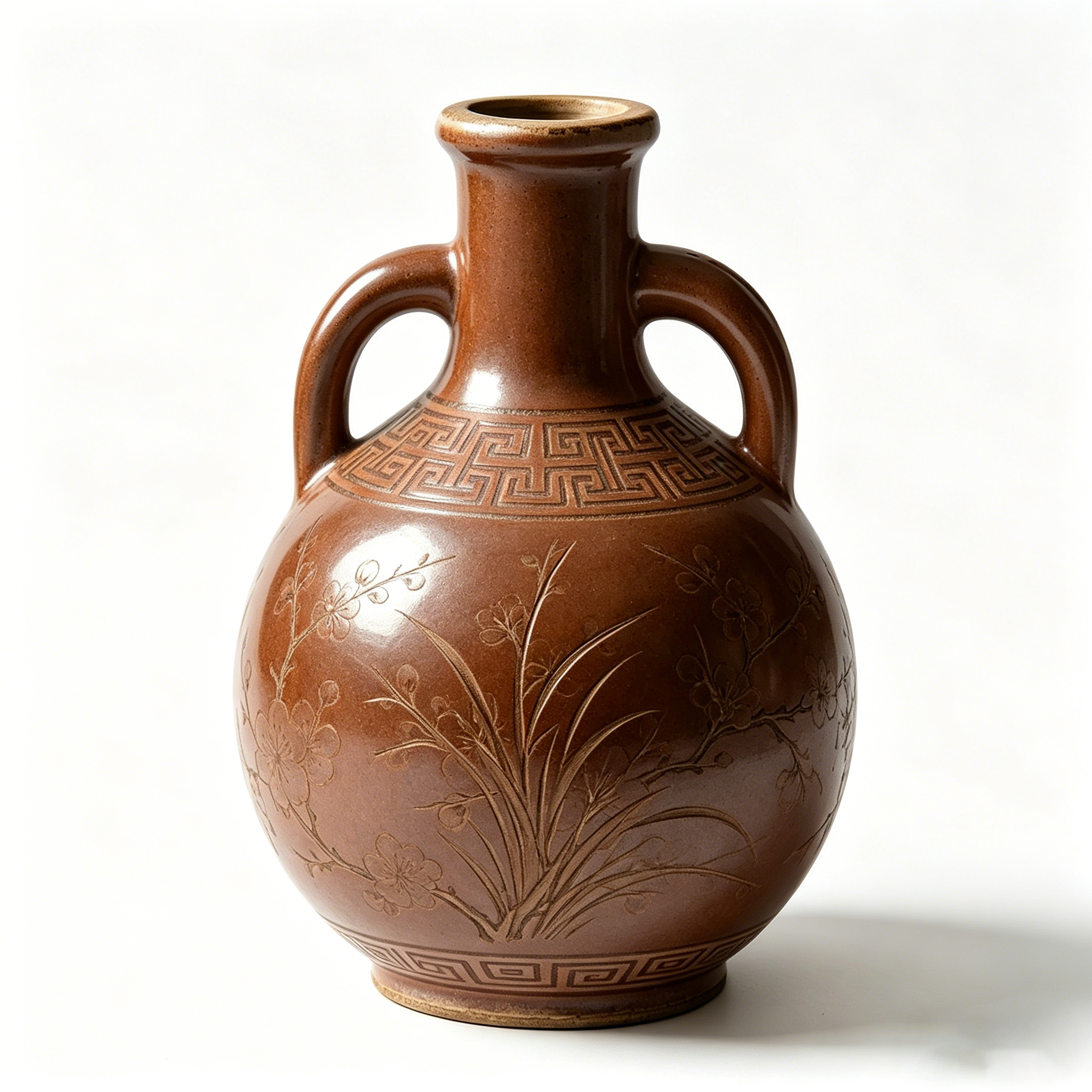 Chestnut Brown Engraved Botanical Amphora Vase