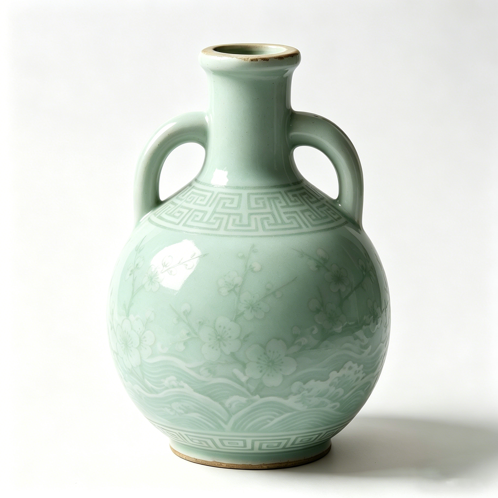 Pale Celadon Blossom and Wave Amphora Vase