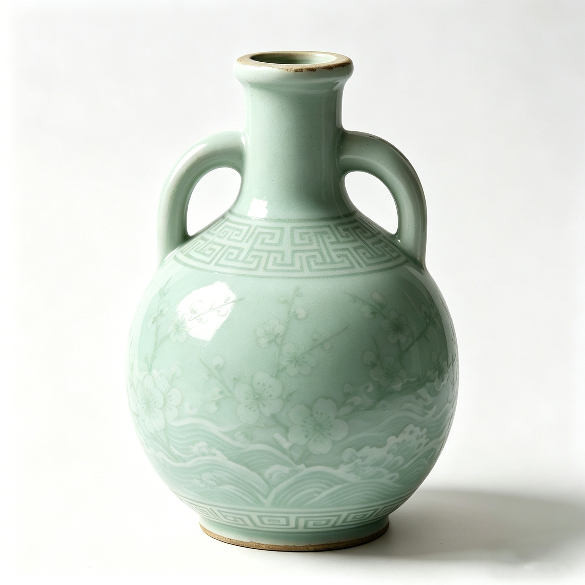 Pale Celadon Blossom and Wave Amphora Vase