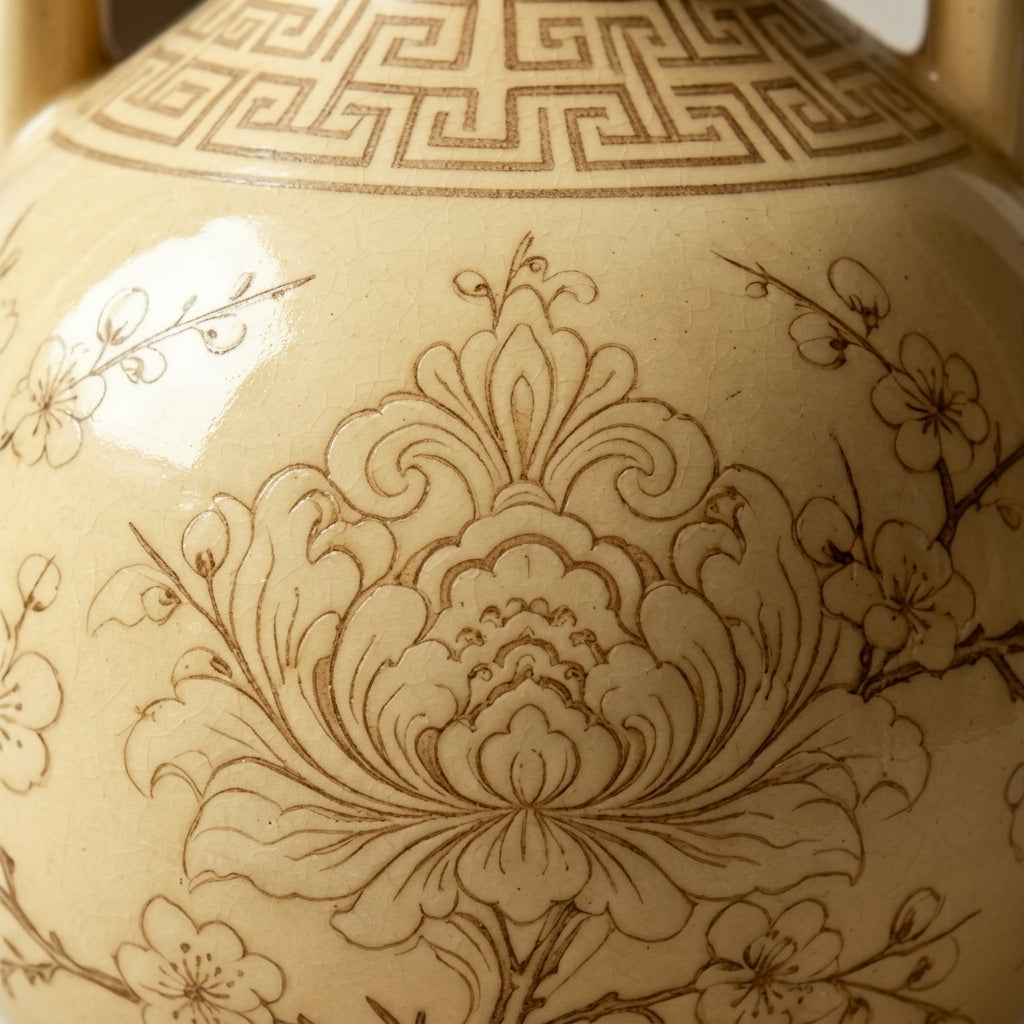 Cream Sepia Botanical Ceramic Amphora Vase