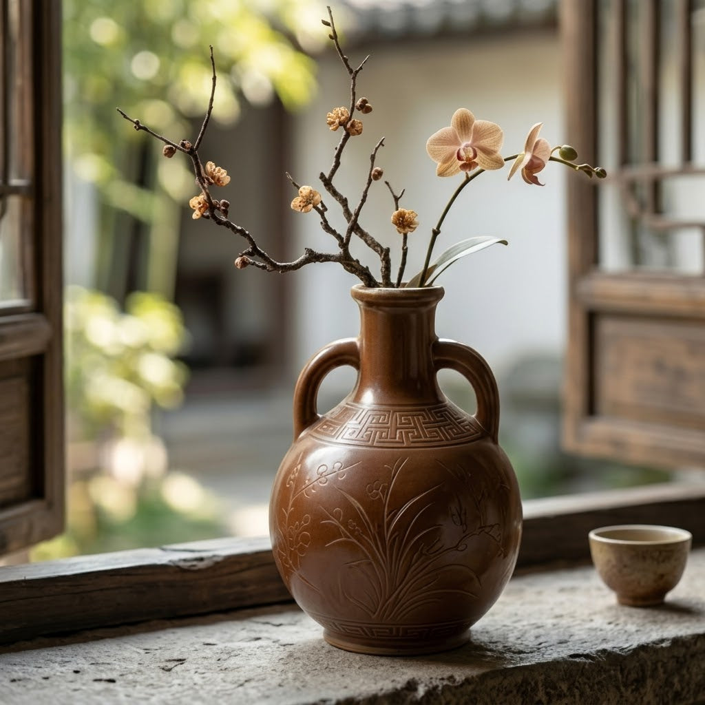 Chestnut Brown Engraved Botanical Amphora Vase