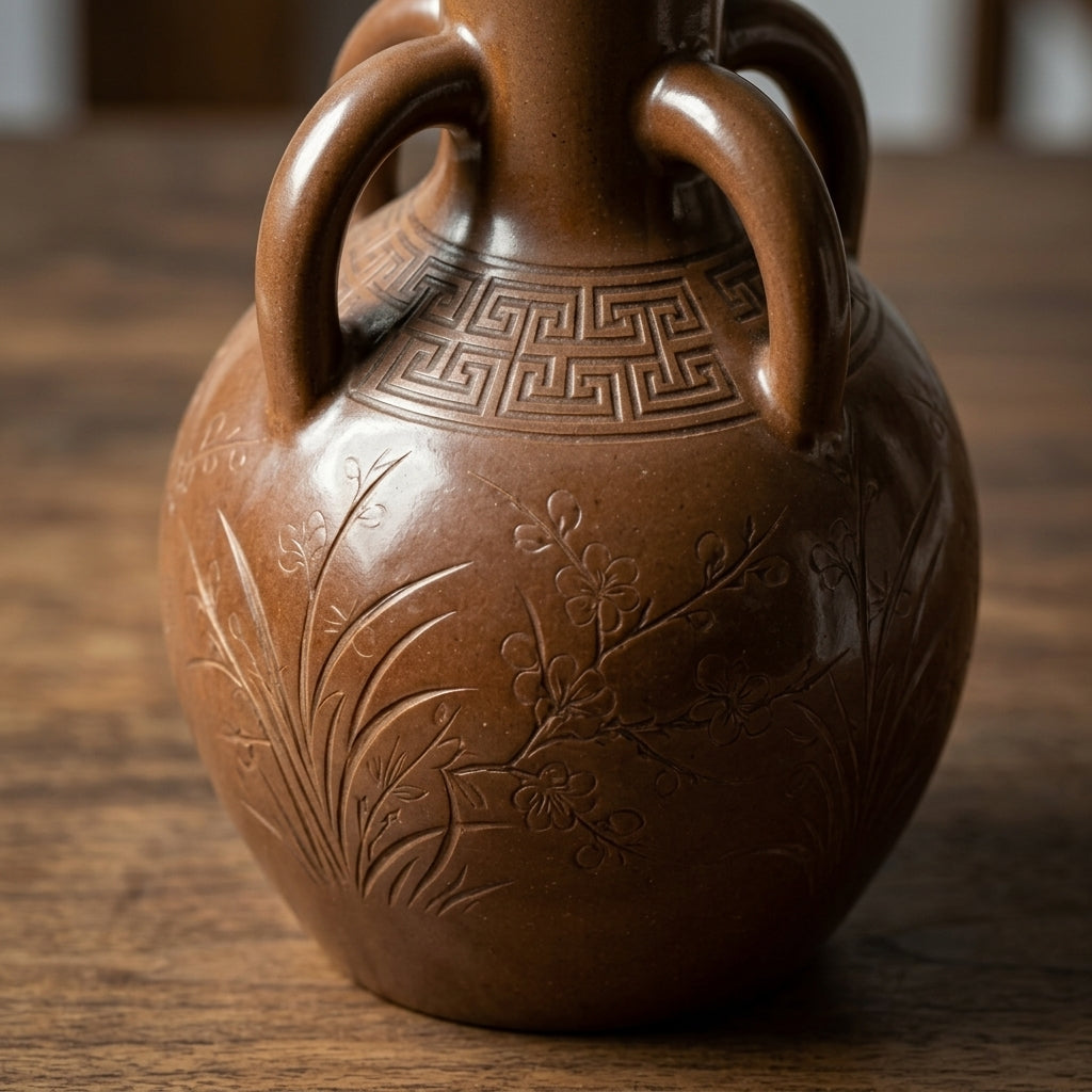 Chestnut Brown Engraved Botanical Amphora Vase