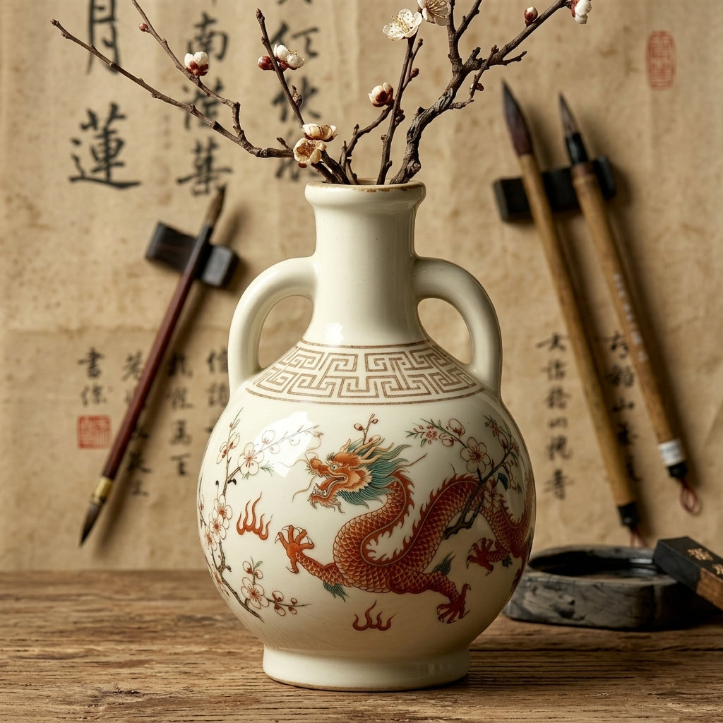 Antique Ivory Dragon and Figural Amphora Vase