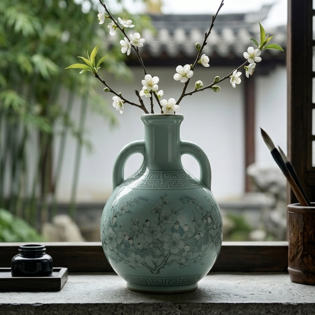 Pale Blue Figural Blossom Amphora Vase