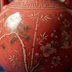 Crimson Red Pine and Bamboo Ceramic Amphora Vase