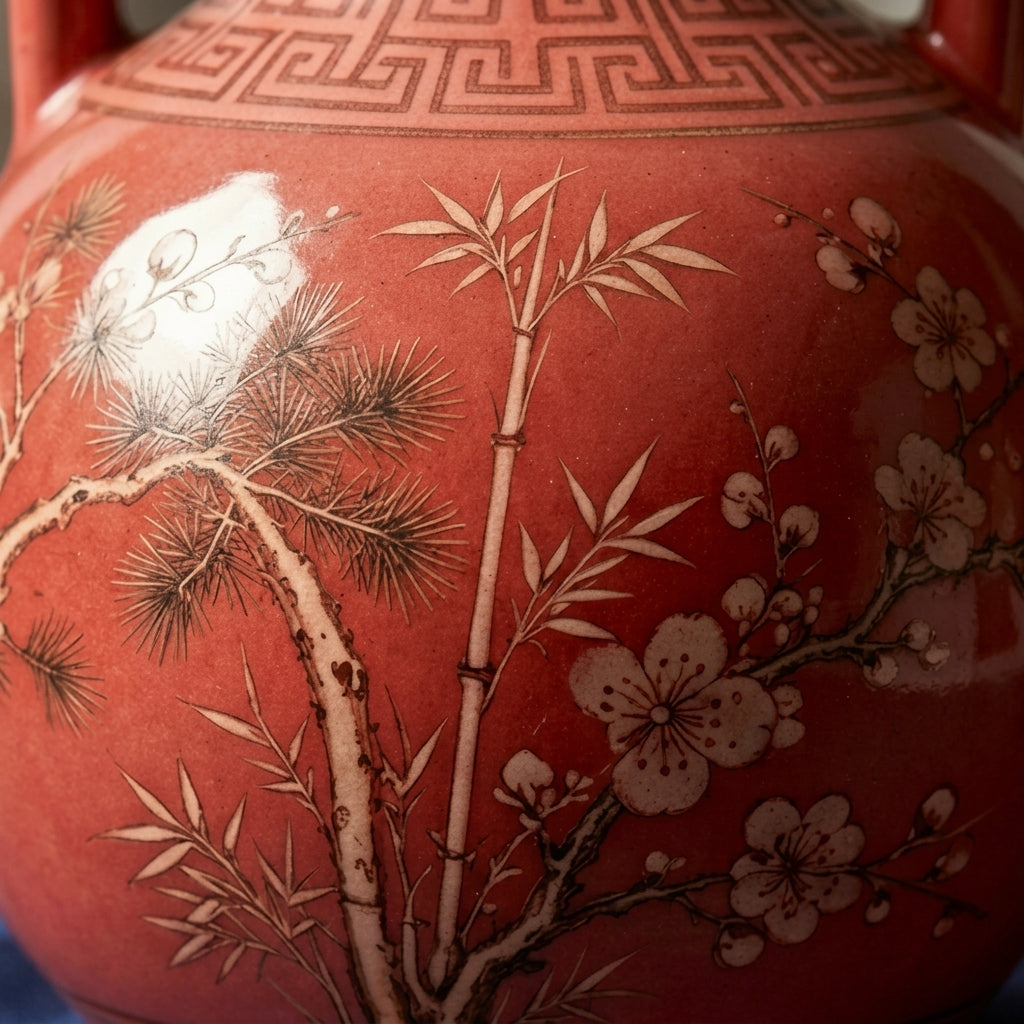 Crimson Red Pine and Bamboo Ceramic Amphora Vase