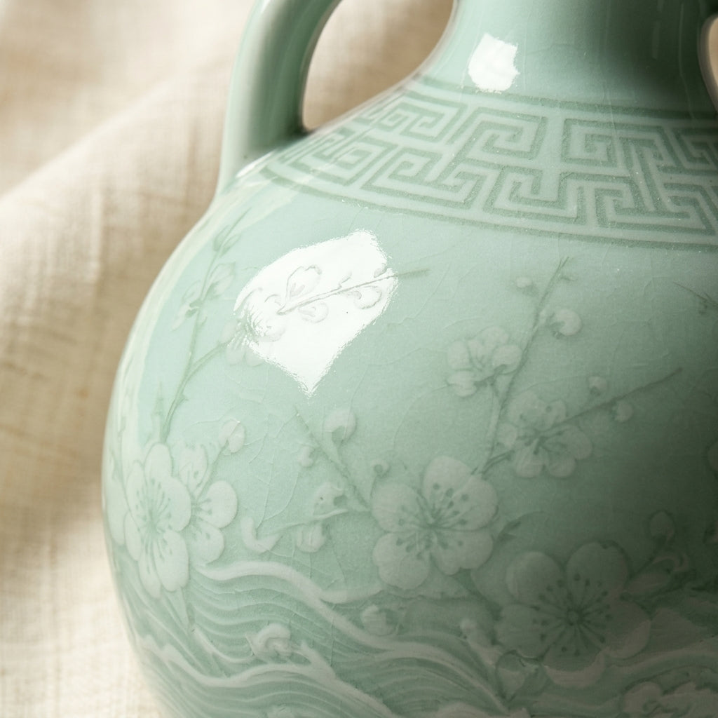 Pale Celadon Blossom and Wave Amphora Vase