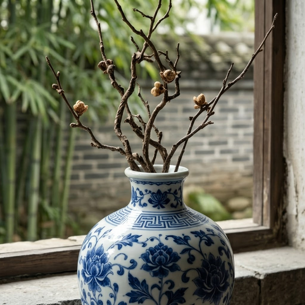 Blue and White Lotus Scroll Ceramic Vase