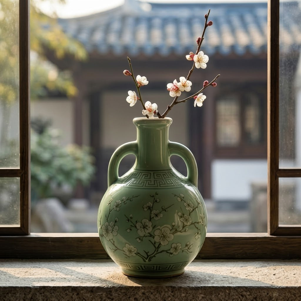 Turquoise Blossom and Lantern Amphora Vase