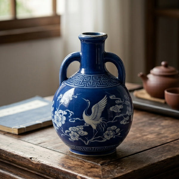 Cobalt Blue Crane and Blossom Amphora Vase