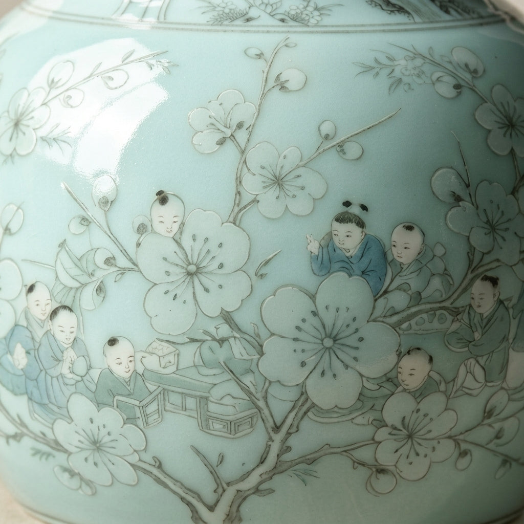 Pale Blue Figural Blossom Amphora Vase