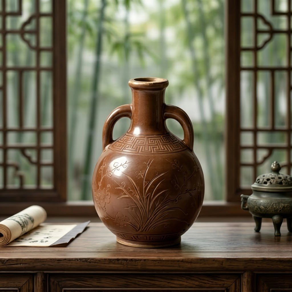 Chestnut Brown Engraved Botanical Amphora Vase