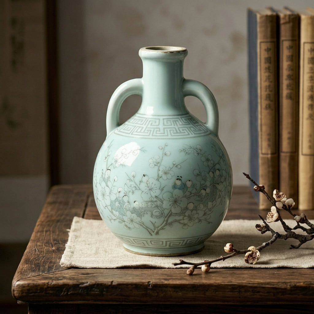 Pale Blue Figural Blossom Amphora Vase