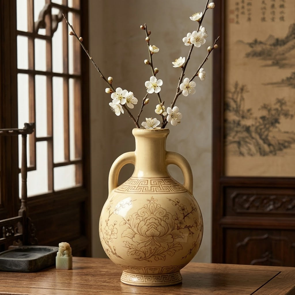 Cream Sepia Botanical Ceramic Amphora Vase