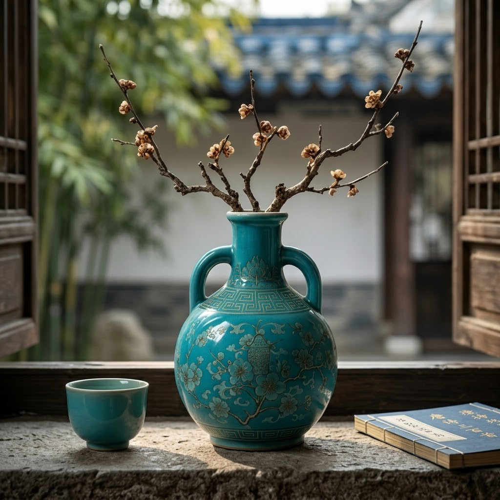 Turquoise Blossom and Lantern Amphora Vase