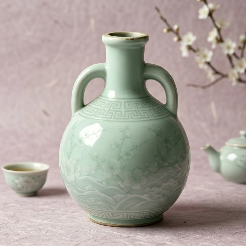 Pale Celadon Blossom and Wave Amphora Vase