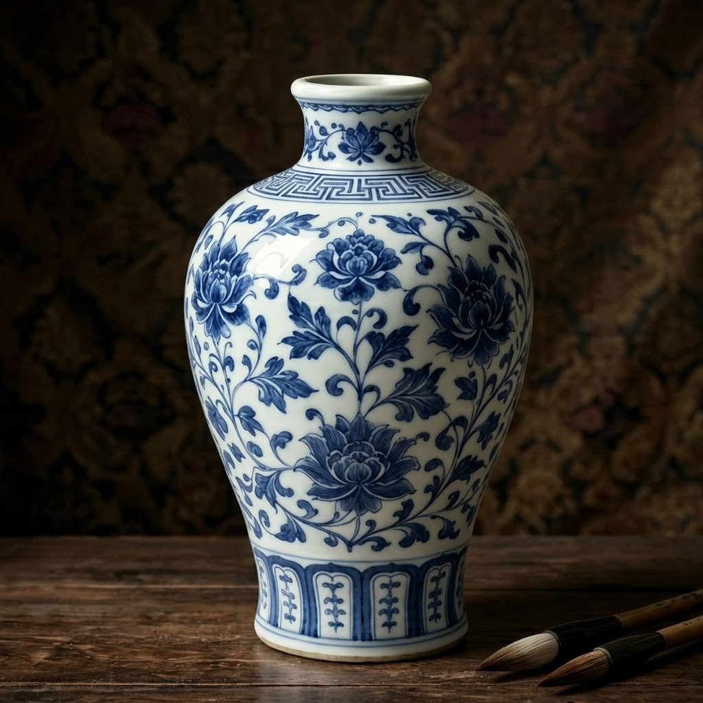 Blue and White Lotus Scroll Ceramic Vase