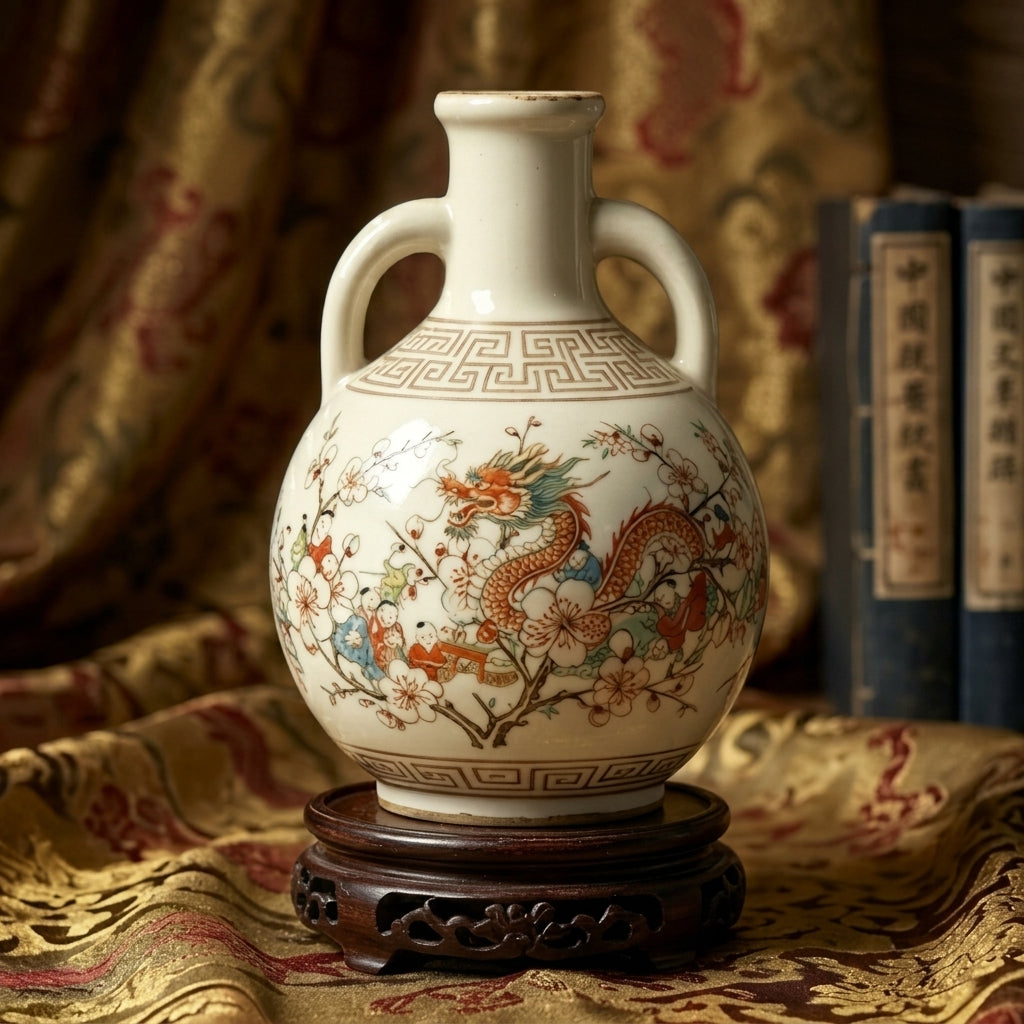 Antique Ivory Dragon and Figural Amphora Vase