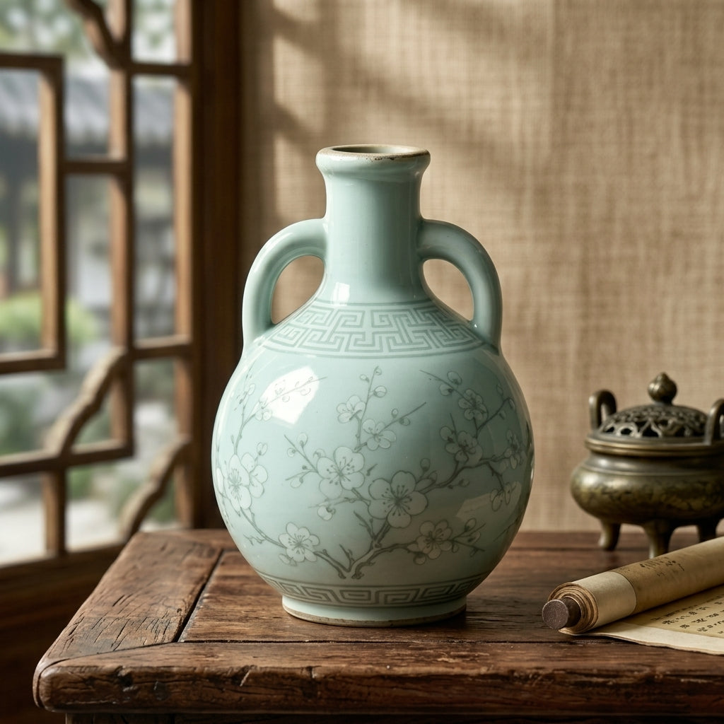 Pale Mint Celadon Blossom Amphora Vase