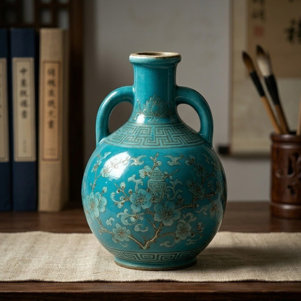 Turquoise Blossom and Lantern Amphora Vase