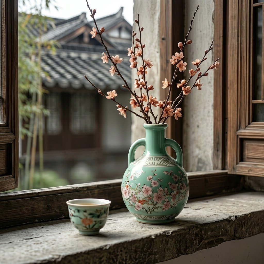 Celadon Figural Blossom Amphora Vase