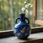 Cobalt Blue Crane and Blossom Amphora Vase