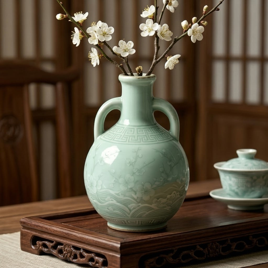 Pale Celadon Blossom and Wave Amphora Vase