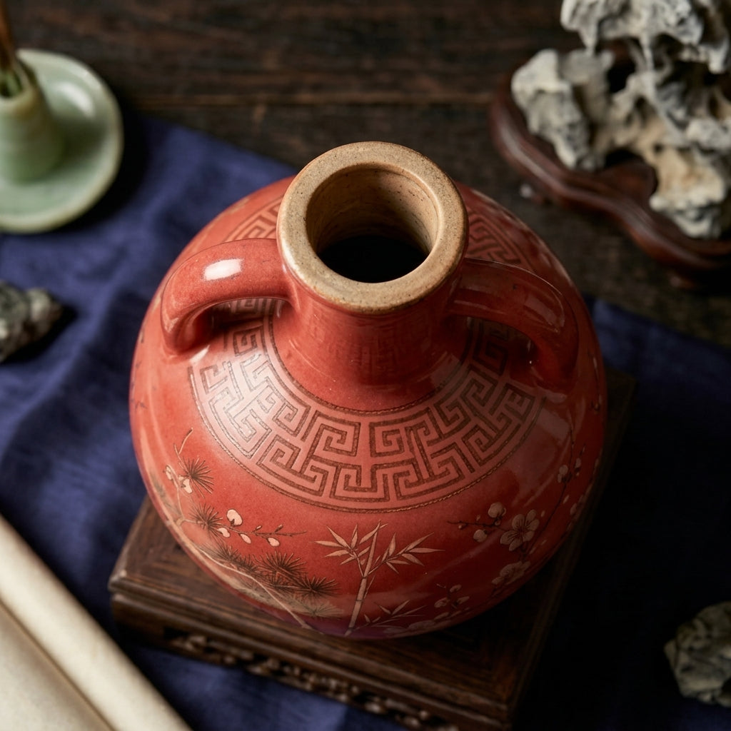 Crimson Red Pine and Bamboo Ceramic Amphora Vase