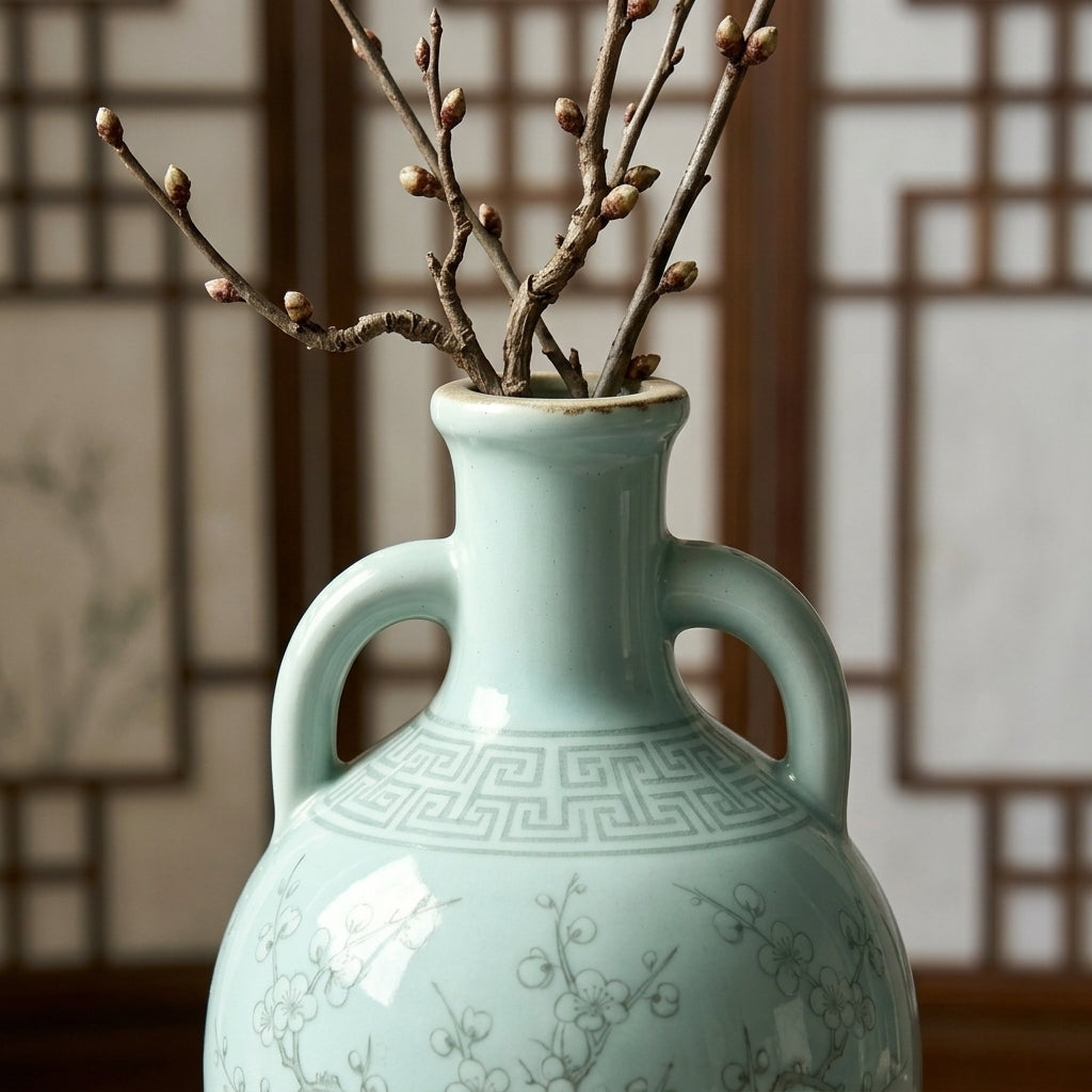 Pale Mint Celadon Blossom Amphora Vase