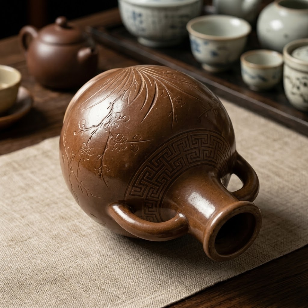 Chestnut Brown Engraved Botanical Amphora Vase