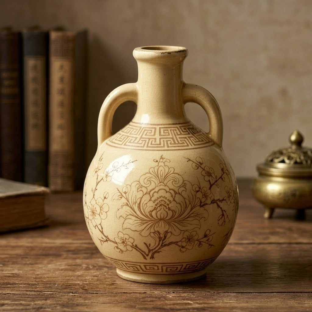 Cream Sepia Botanical Ceramic Amphora Vase