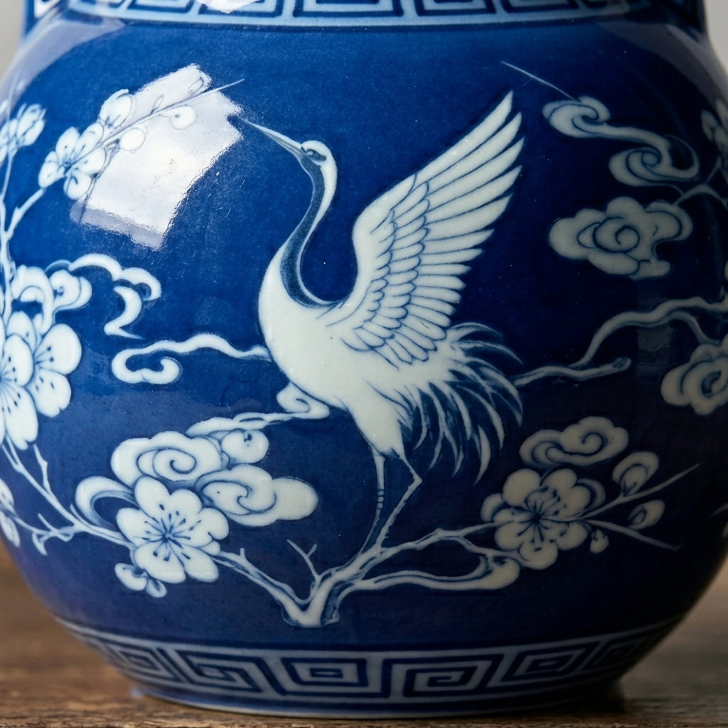 Cobalt Blue Crane and Blossom Amphora Vase