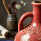 Crimson Red Pine and Bamboo Ceramic Amphora Vase