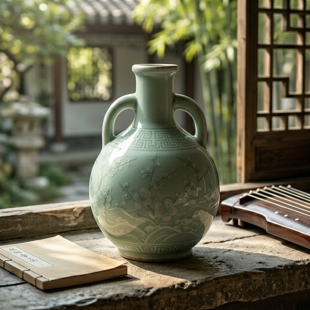 Pale Celadon Blossom and Wave Amphora Vase